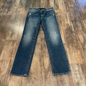 Silver Jeans Women's Straight Leg Dark Blue Distressed Jeans